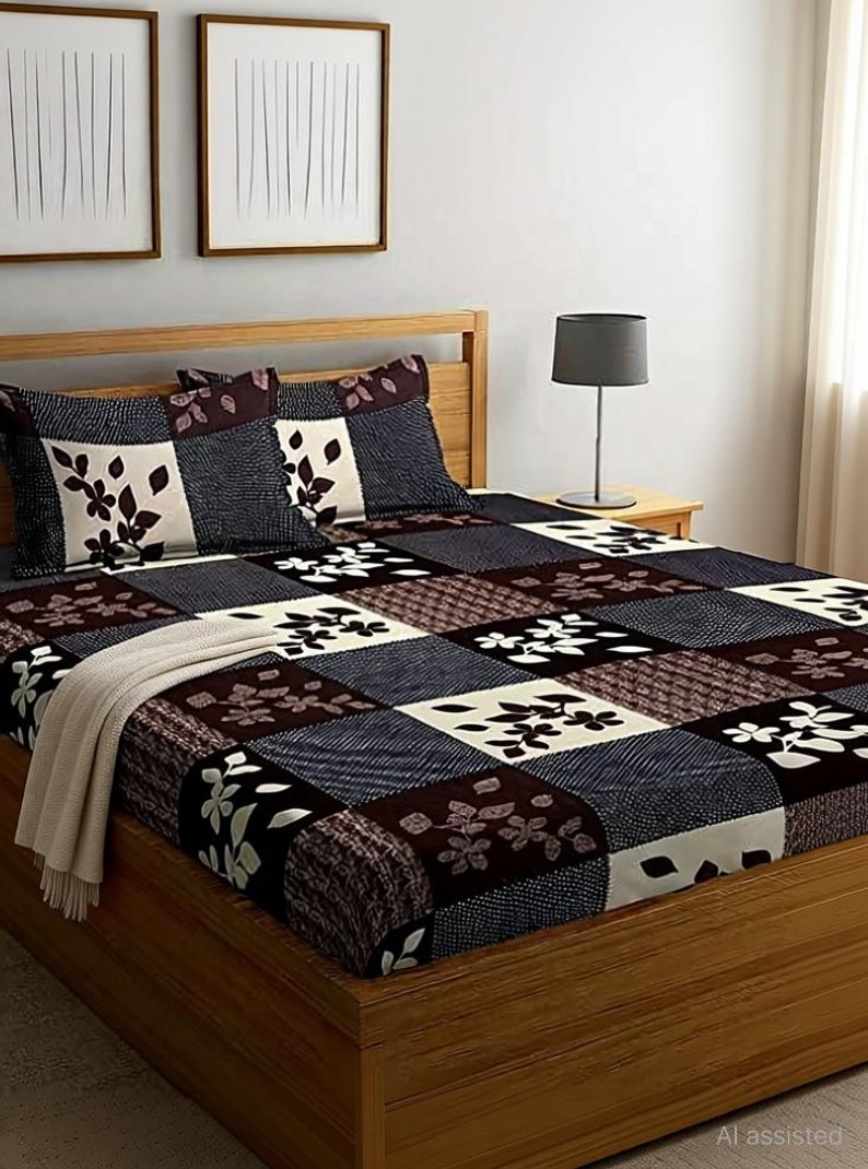 ChhabraTexcofab Polycotton Double Flat Bedsheet with 2 Pillow Covers, 150 TC, Floral, Brown at ₹130 (87% Off) – Flipkart