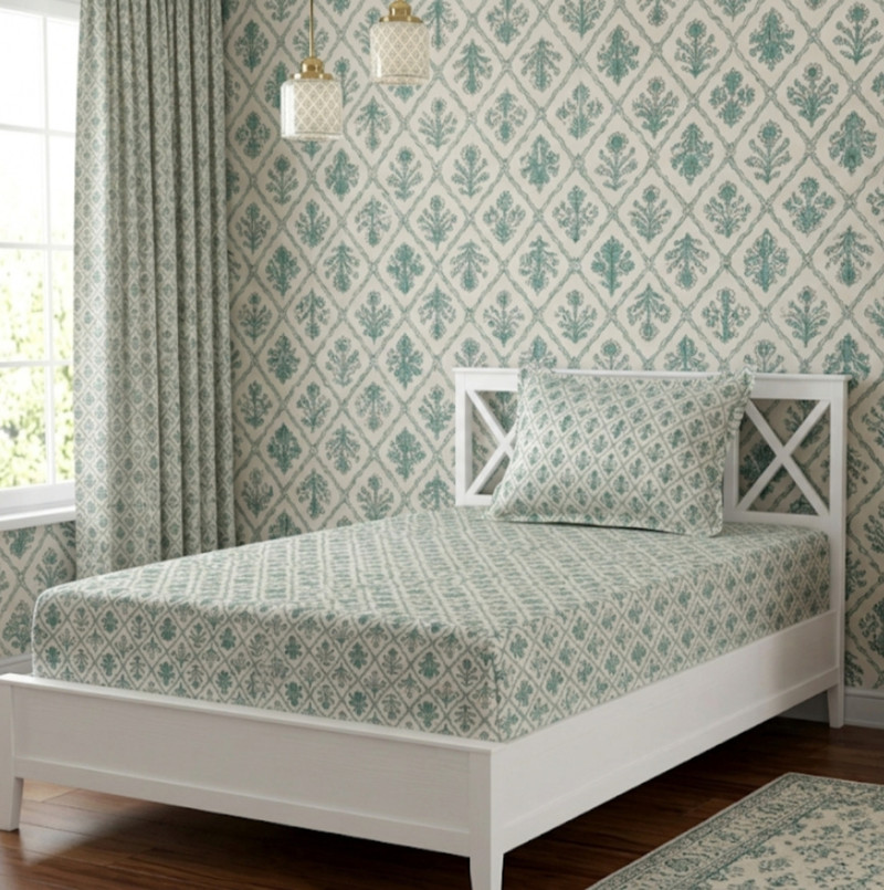 Shalini Cotton Blend Single Flat 220 TC Animal 1 Bedsheet Green