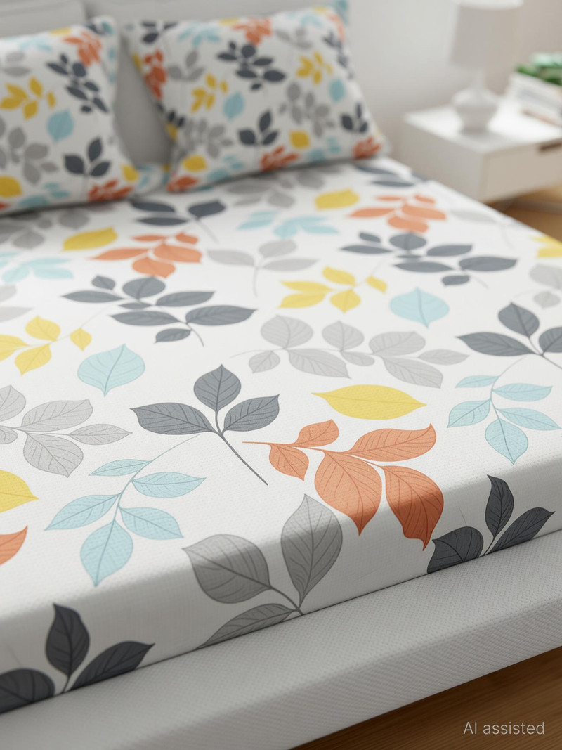 MAVERICKLINENS Cotton, Microfiber Double Flat 200 TC Floral 1 Summer Bedsheet with 2 Pillow Covers White Botonical Multicolour
