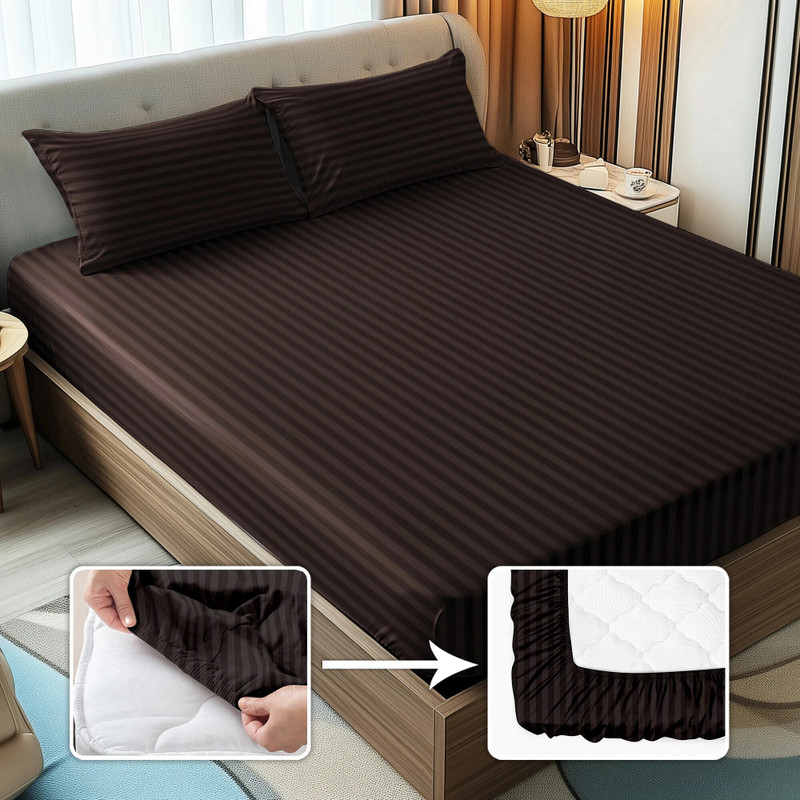 Story@home Microfiber Queen Fitted (Elastic) 300 TC Striped 1 Bedsheet with 2 Pillow Covers Brown