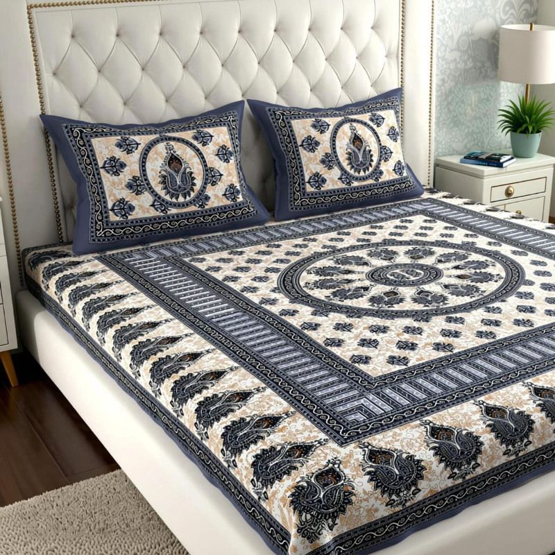 Meenamantra Cotton Double Flat 144 TC Jaipuri Prints Bedsheet with 2 - Image 3