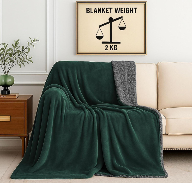 SANMARINO Solid Double Sherpa Blanket for Mild Winter Polyester, Green, Grey