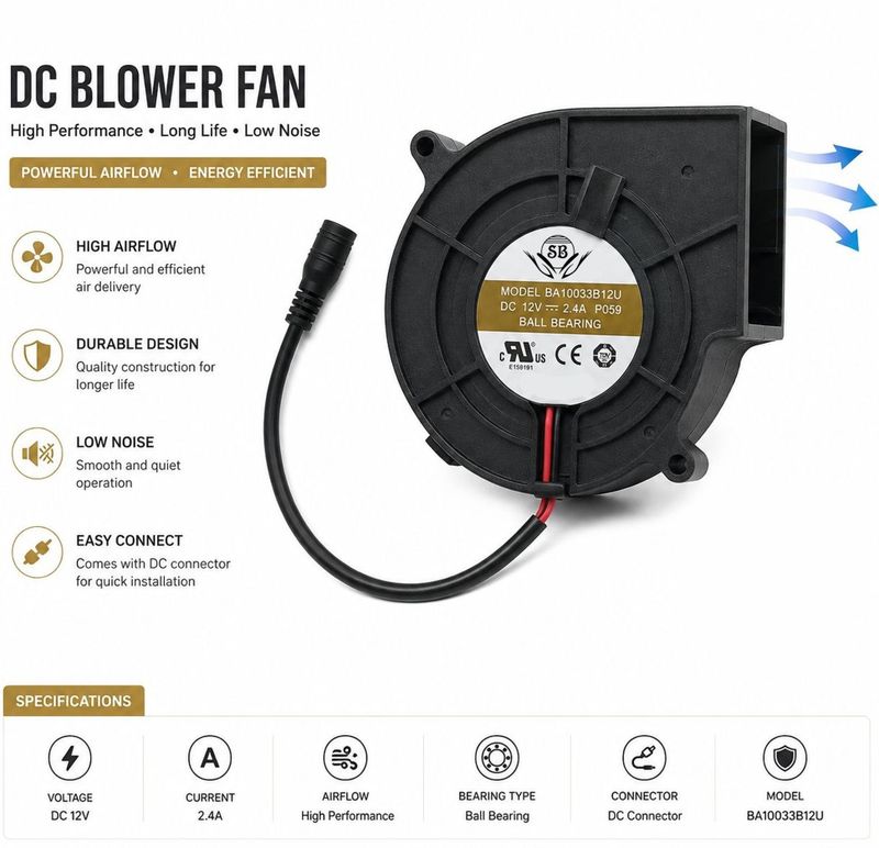 SB Enterprises BA10033B12U-P032 Blower Fan, 97x97x33mm, 12V - Image 3