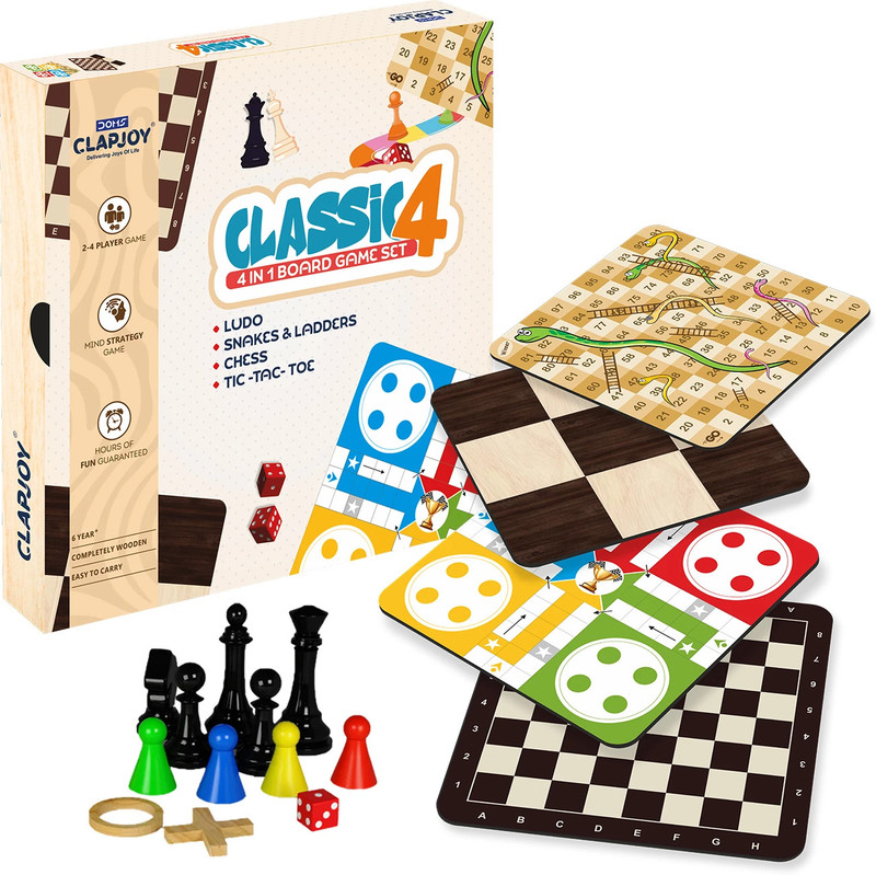 clapjoy wooden 4in1 kids adults ludo chess snake ladder tic tac toe party fun board game