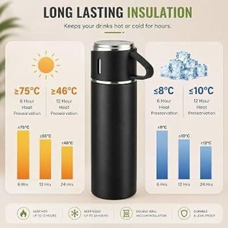 Cellton Stainless Steel Vacuum Flask Set with 2 Cups 500 ml Stainless Steel Flask (Pack of 1, Black) - Image 5