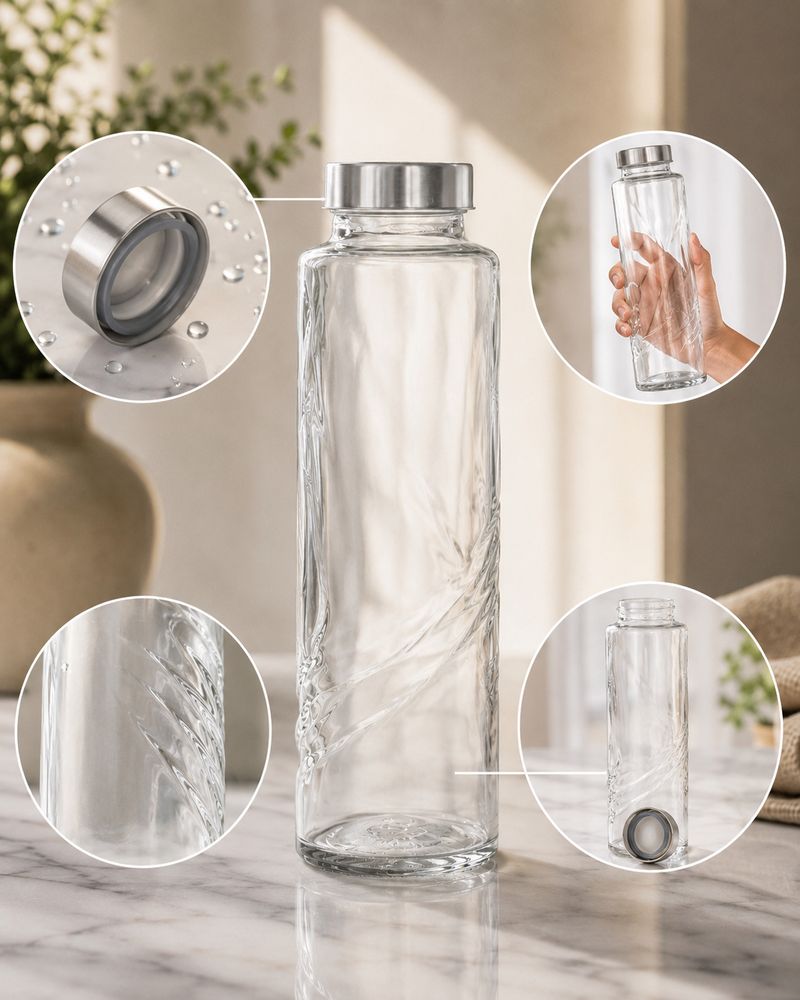 KanchKart 750ml Round Ribbed Glass Water Bottle - Image 3