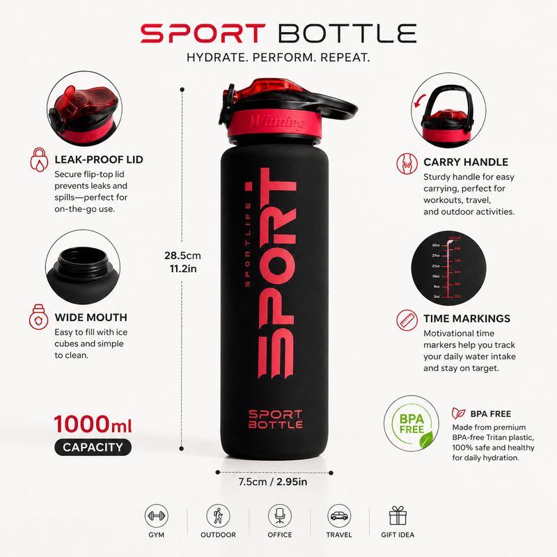 shivaemart 1000 ml RedBlack Sports Sipper Bottle - Image 5