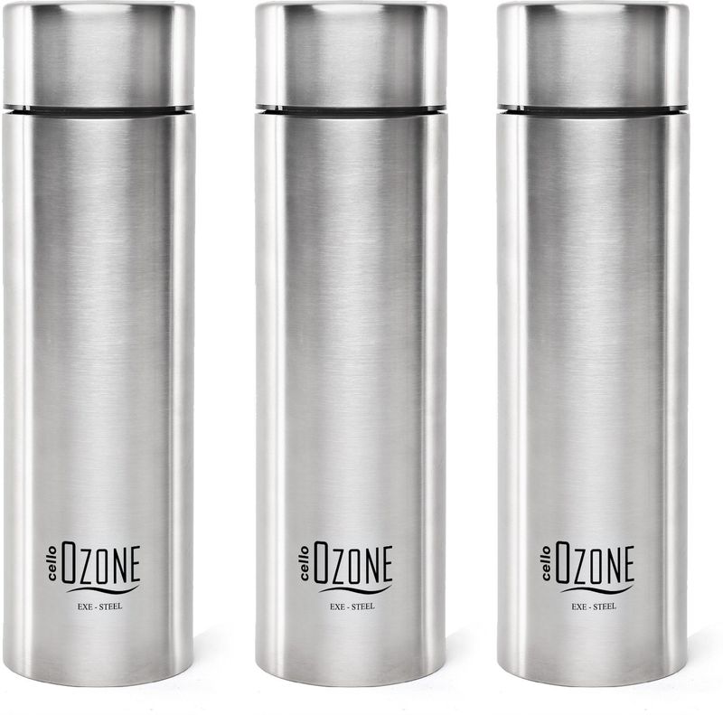 cello Ozone ISI Certified Single Wall Leakproof & Rustproof 1000 ml Stainless Steel Bottle (Pack of 3, Silver)