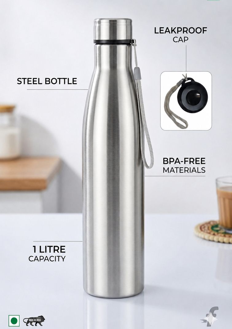 msdecore Steel 1000 ml Bottle (Pack of 1, Silver) - Image 2