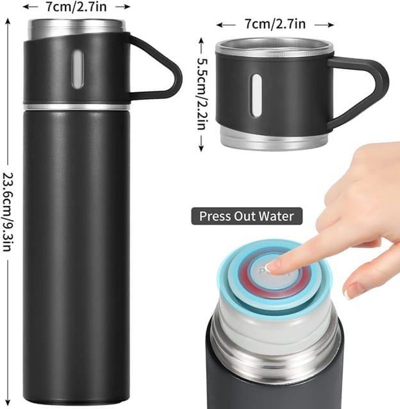 Cellton Stainless Steel Vacuum Flask Set with 2 Cups 500 ml Stainless Steel Flask (Pack of 1, Black) - Image 3