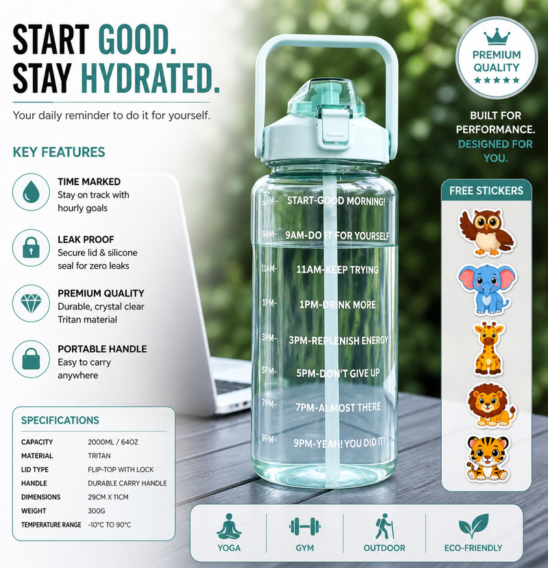 Cronus LargeCapacity Water Bottle Motivational trasparent travel bisycle 2000 ml Bottle 2000 ml Plastic Sipper deal from flipkart