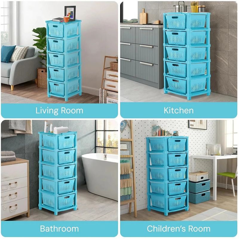 Seville Classics 5-Compartment Plastic Chest of Drawers (Blue) - Image 3