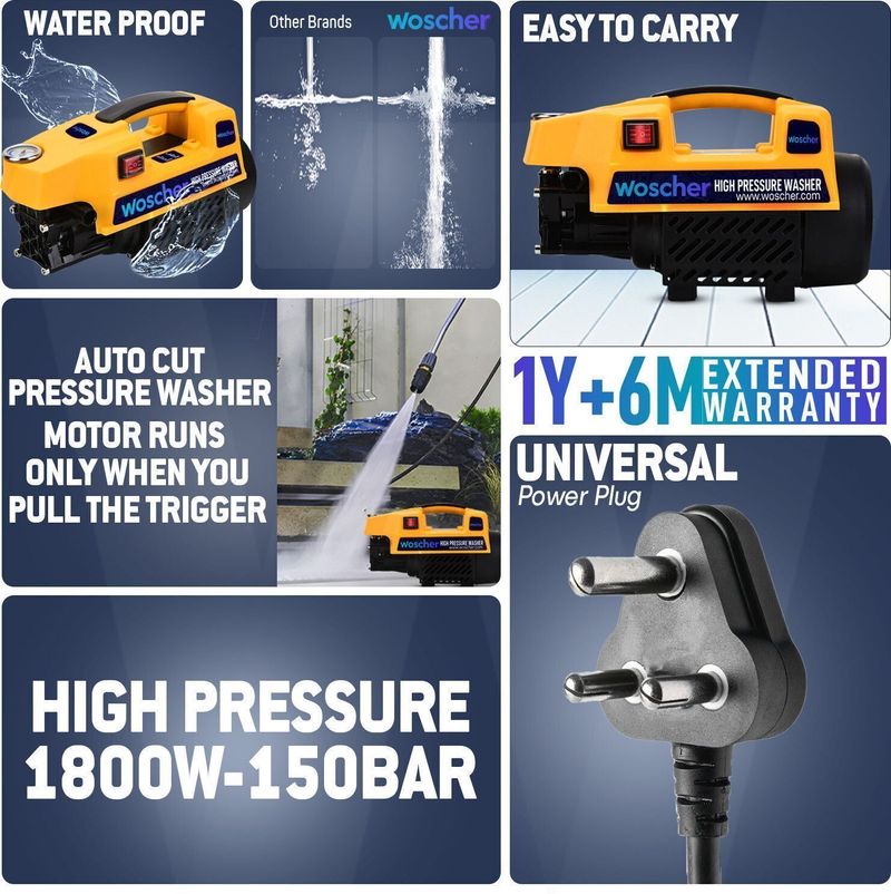Woscher 878Y Waterpro Washer High Pressure Pump Machine, 1800 Watts, 150 Bars, 8L/Min Pressure Washer - Image 3