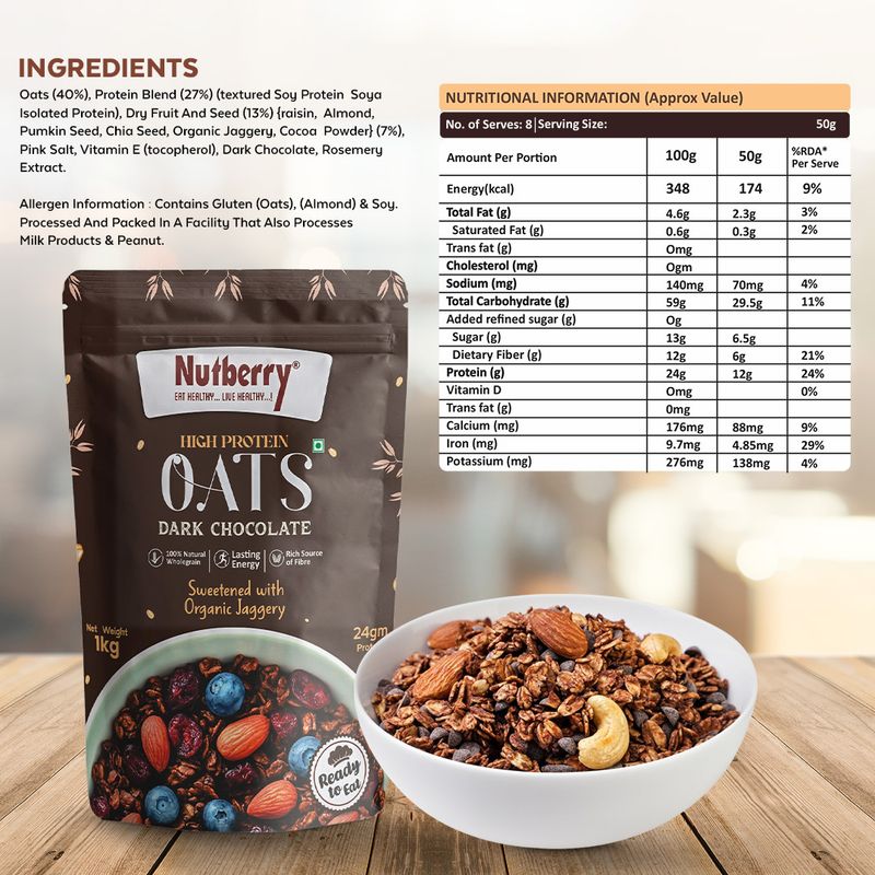 Nutberry High Protein Oats Dark Chocolate 1kg - Image 5