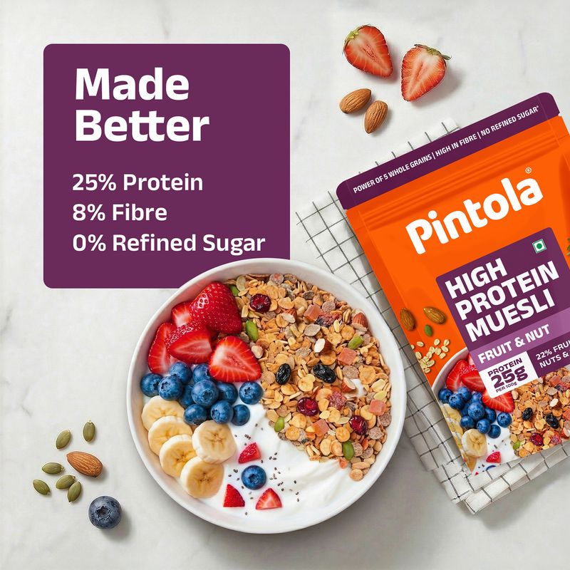 25g High Protein Muesli, Fruit & Nut, 22% Fruits, Nuts & Seeds Pouch - Image 4