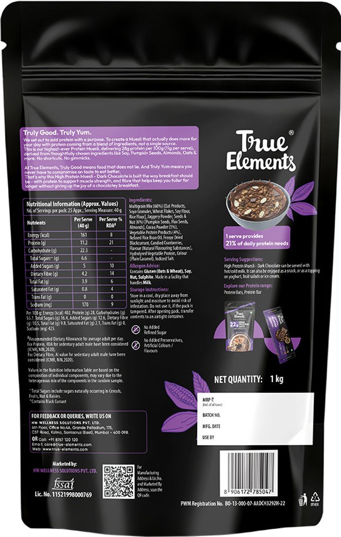 True Elements 28g High Protein Muesli Dark Chocolate 1kg - Image 3