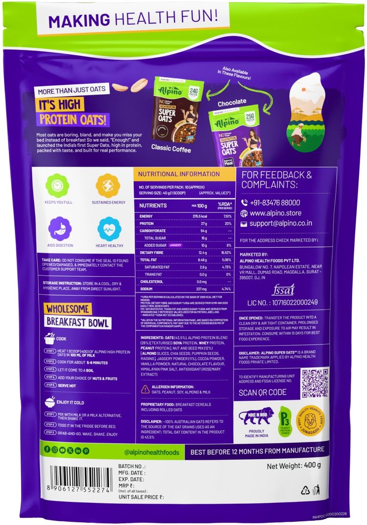 ALPINO 27g High Protein Oats Dark Chocolate 400g - Image 3