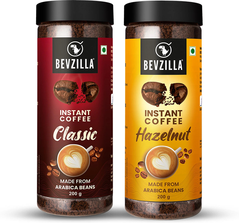 Bevzilla Instant Coffee Powder Combo- 200g Premium Classic Strong & 200g Hazelnut Instant Coffee