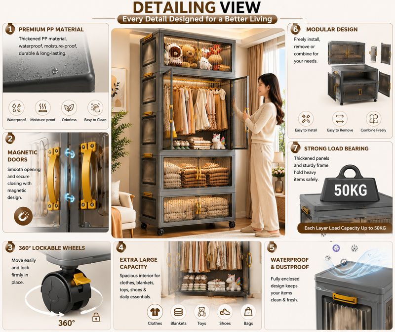 Sasimo 8-Door 4-Shelf Foldable Wardrobe - Image 6