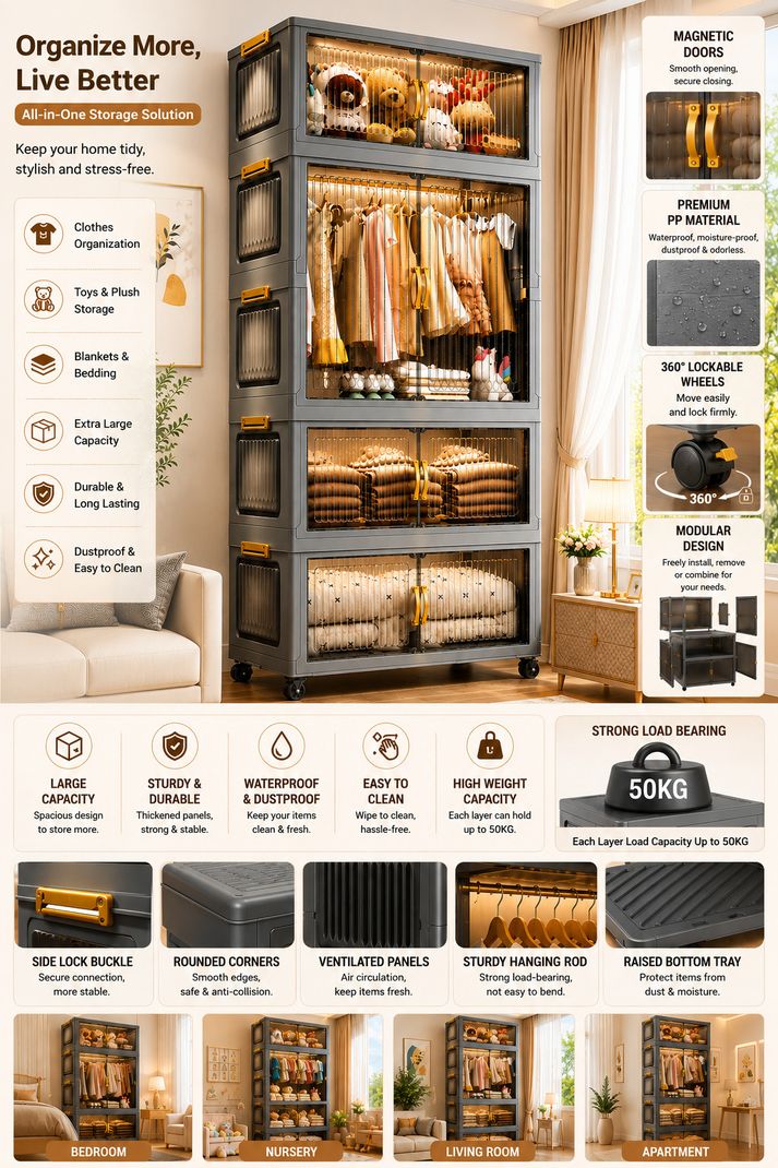 Sasimo 8-Door 4-Shelf Foldable Wardrobe - Image 5