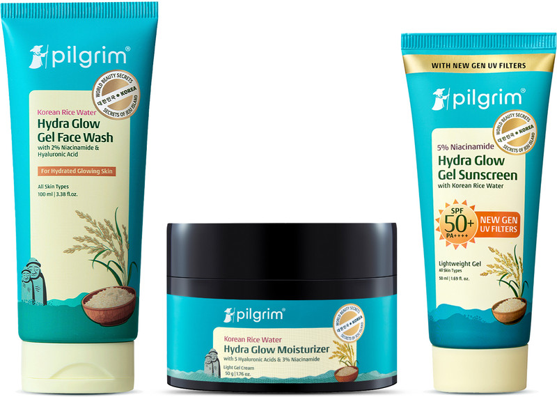 Pilgrim Korean Rice Water Facewash, Hydra Glow Moisturizer & Gel Sunscreen Combo