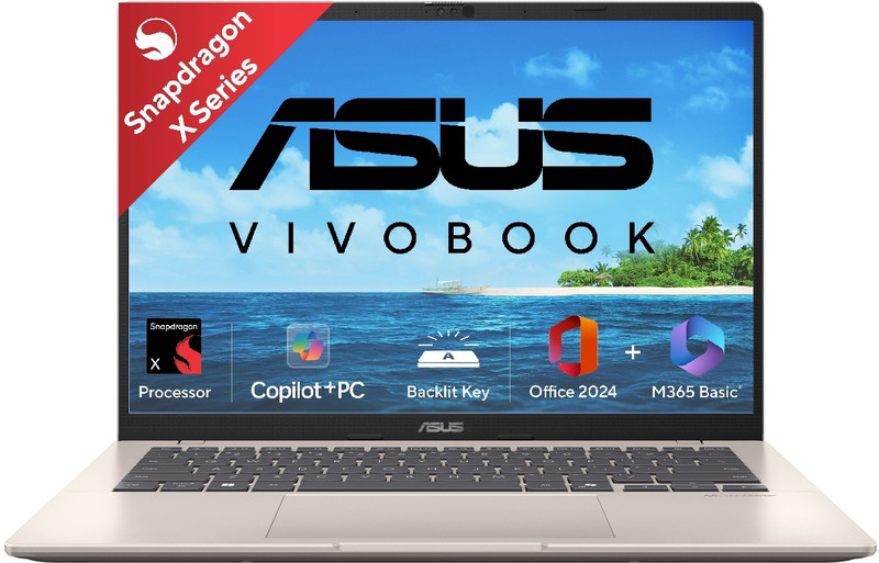 ASUS Vivobook 14 (2025) with Office 2024 + M365 Basic*, Backlit Keyboard, Snapdragon X - (16 GB/512 GB SSD/Windows 11 Home) X1407QA-LY088WS Thin and L