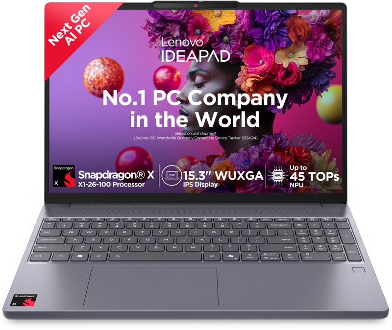 Lenovo IdeaPad Slim 3 with 1Yr ADP Snapdragon X - (16 GB/1 TB SSD/Windows 11 Home) 15Q8X10 Thin and Light Laptop 15.3 inch, Luna Grey, 1.55 kg, With M