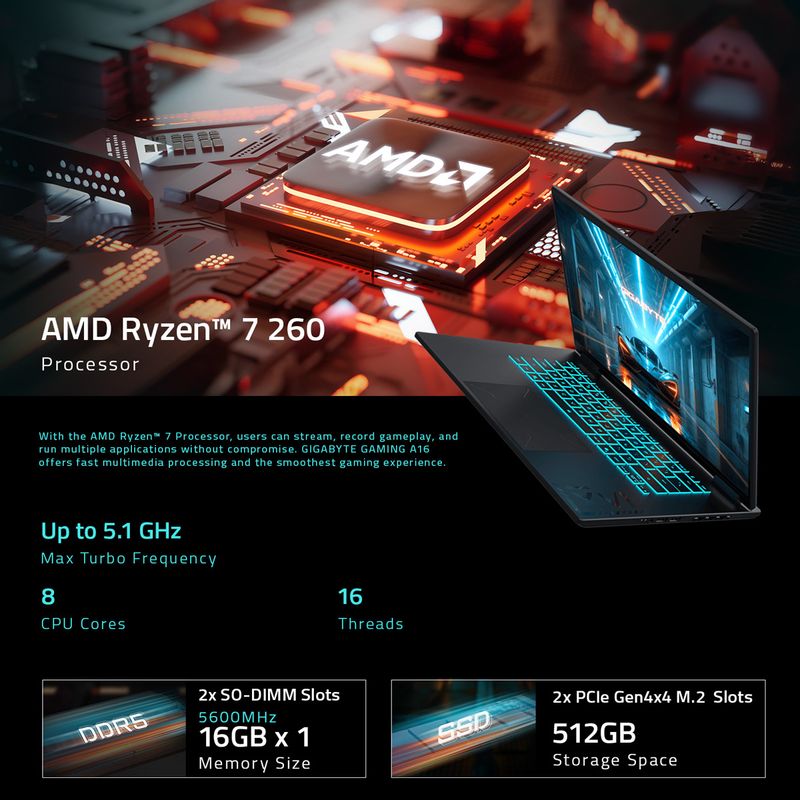 GIGABYTE GAMING A16 AMD Ryzen 7 260 16GB 512GB SSD - Image 5