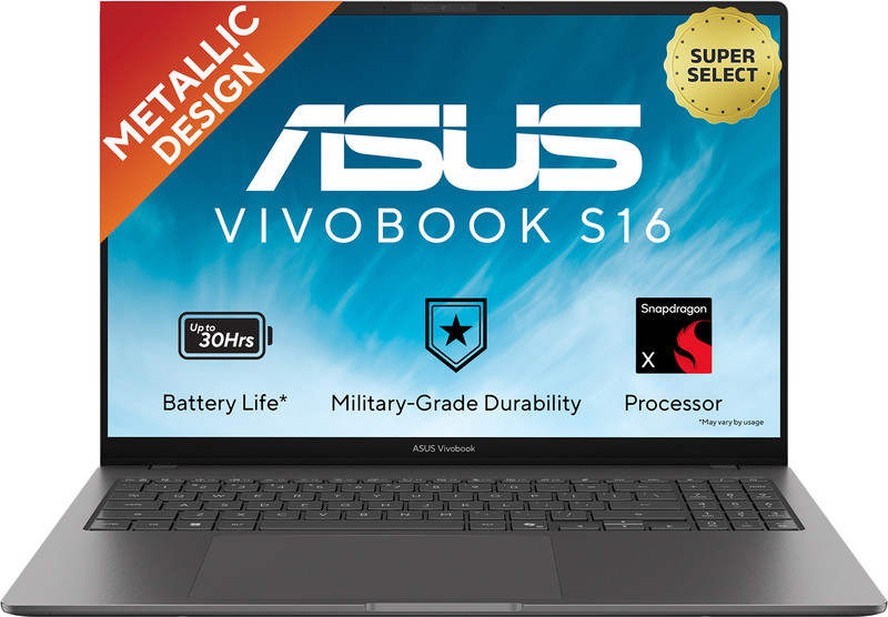 ASUS Vivobook S16 OLED (2026) Snapdragon X - (8 GB/512 GB SSD/Windows 11 Home) S5608QA-U3310WS Thin and Light Laptop (16 inch, Matte Gray, 1.6 kg, Wit