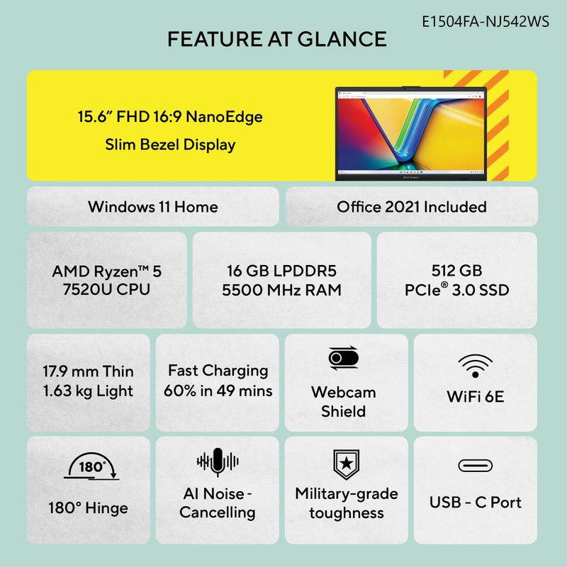 ASUS Vivobook Go 15 AMD Ryzen 5 7520U 16GB 512GB - Image 3