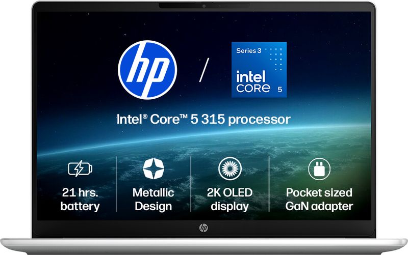 HP Omnibook 3 Next Gen AI PC, 2K OLED Intel Core 5 Series 3 315 - (12 GB/512 GB SSD/Windows 11 Home) 14-ht0242TU Laptop (14 inch, Glacier Silver Aluminum, 1.4 kg, With MS Office)