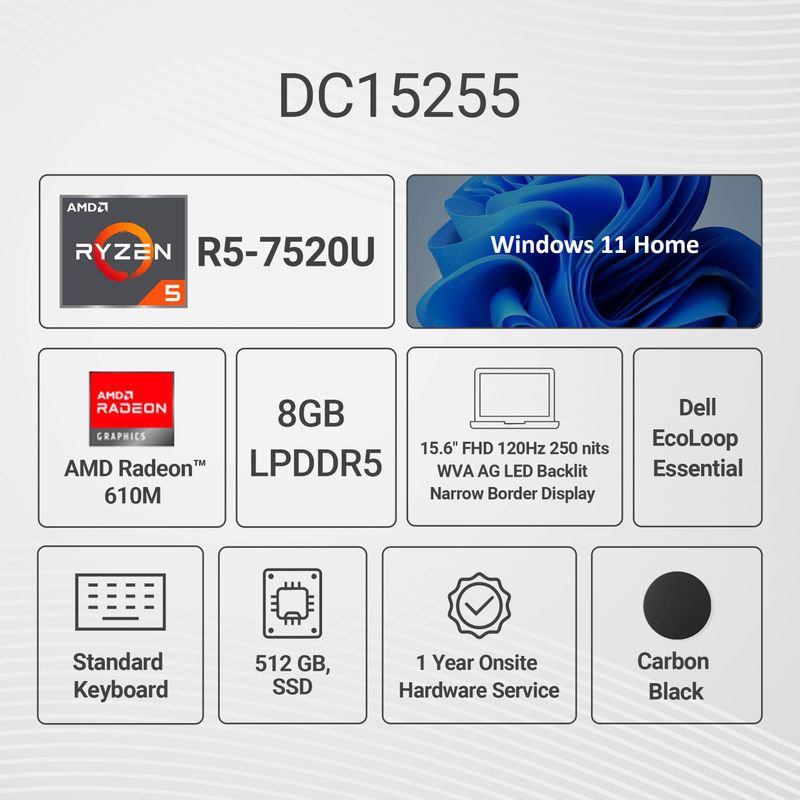 DELL 15 AMD Ryzen 5 7520U 8GB 512GB SSD - Image 3
