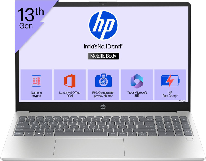 HP 15s Metal Intel Core i3 13th Gen 1315U - (8 GB/512 GB SSD/Windows 11 Home) 15-hr0005TU Thin and Light Laptop 15.6 inch, Natural Silver, 1.59 kg, Wi