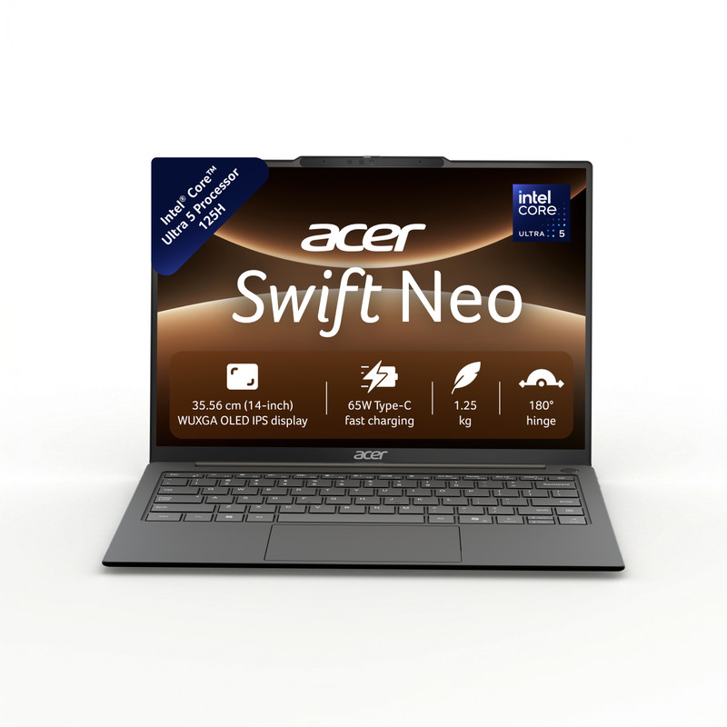 Acer Swift Neo AI PC OLED Intel Core Ultra 5 125H - (16 GB/512 GB SSD/Windows 11 Home) SFN14-55 Notebook 14 inch, Steel Grey, 1.25 kg, With MS Office