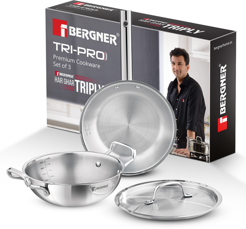 bergner tripro triply stainless steel 3 pcs induction bottom cookware set