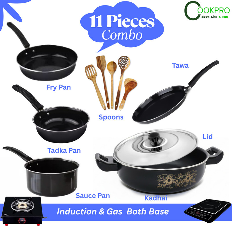 cookpro Premium Combo Kadhai with Lid, Sauce pan, Tadka Pan, Frypan, Tawa, Spatula Set Cookware Set Ceramic, 11 - Piece