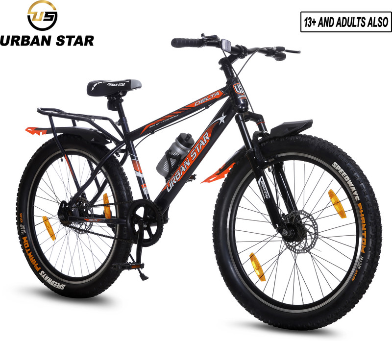 Urban Star 26T Double Disc with Carrier - Fat Tyres 26*300 - Pearl Black 26 T (inch) Fat Tyre Cycle Single Speed, Black, Only Front Suspension