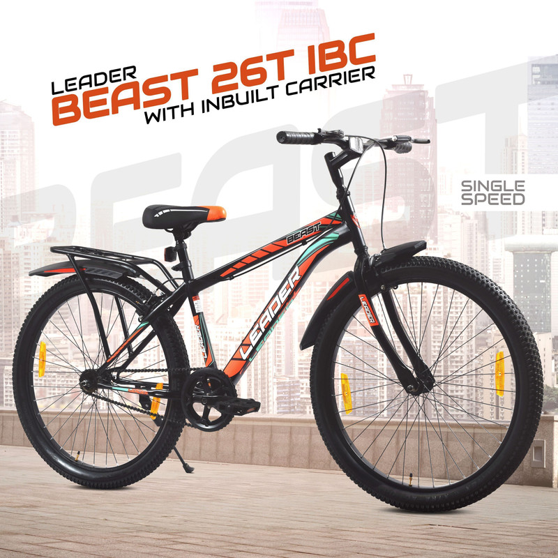 LEADER Beast 26T IBC Premium City Bike/Cycle with inbuilt Carrier 26 T (inch) Mountain Cycle Single Speed, Black, Rigid