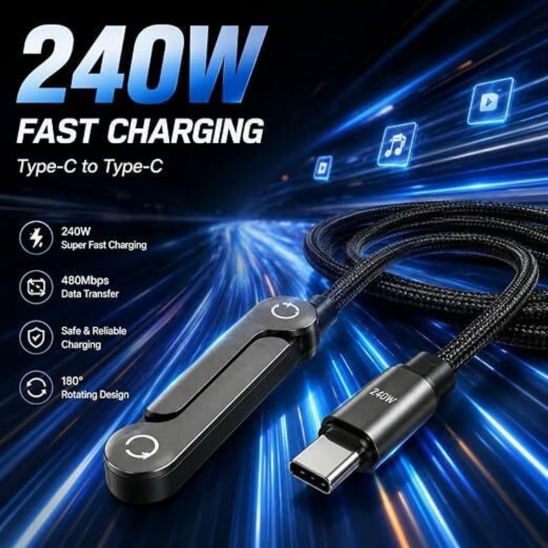 Tart 2-in-1 240W USB-C Fast Charging Cable 1.5m with Stand (Black) - Image 4