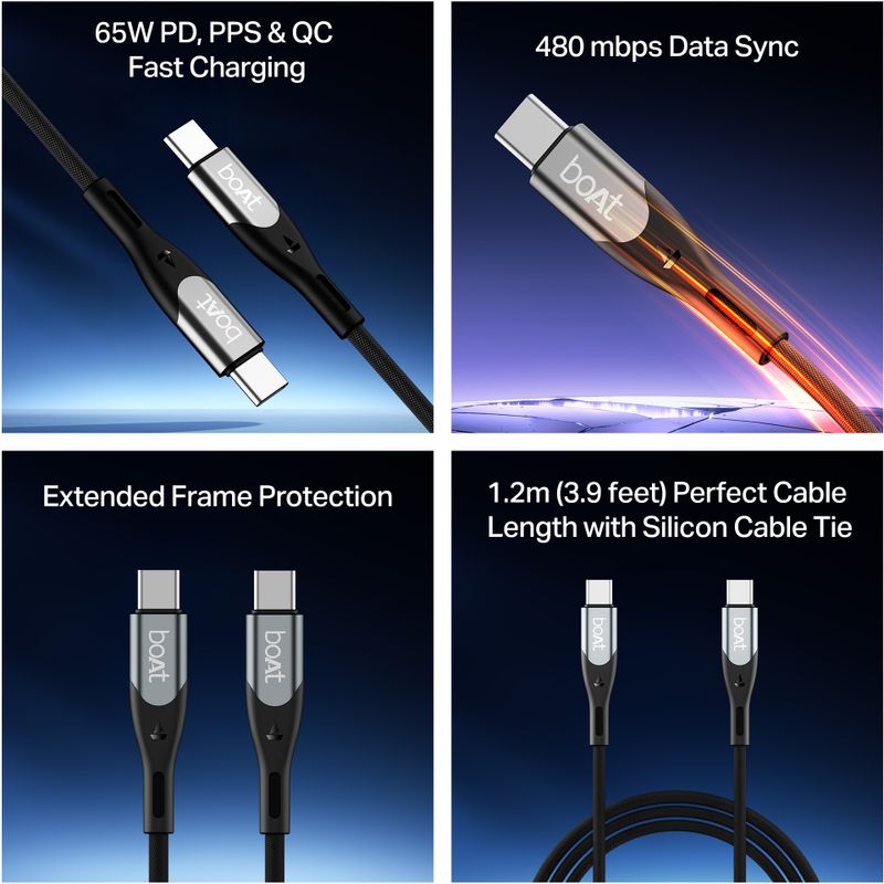 boAt USB Type C Cable 10 A 1.2 m C to C 65W (Compatible with All devices with Type- C Port, Carbon Black, Grey, One Cable, USB Type C To USB Type C, 65 W) - Image 3