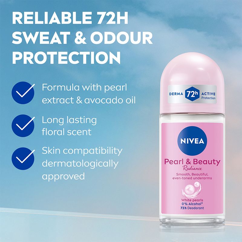 NIVEA Pearl and Beauty Radiance, Eventone Underarms, 0% Alcohol, 72h Derma Protection Deodorant Roll-on - For Women (50 ml) - Image 6