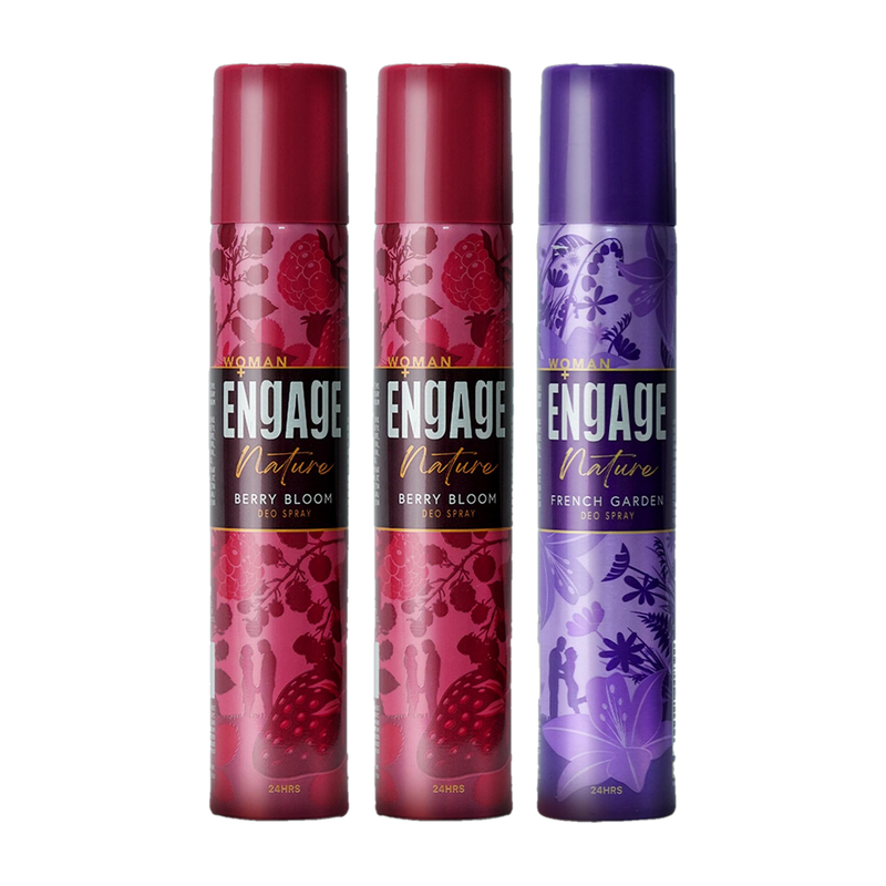 Engage Nature Deo: 2 Berry Bloom & 1 French Garden (150ml X 3) Deodorant Spray - For Women 450 ml, Pack of 3