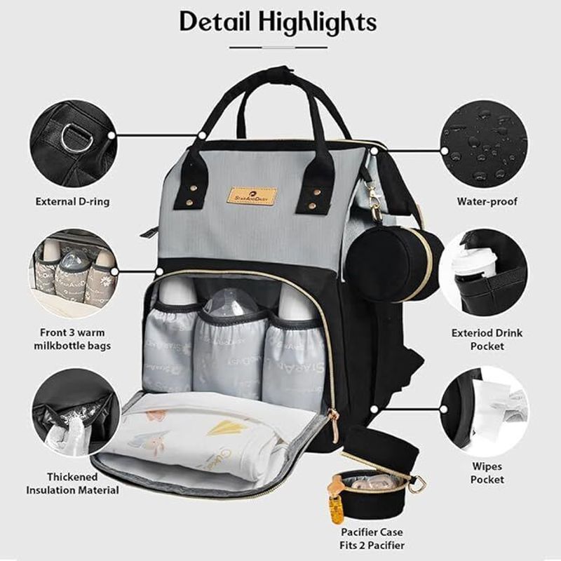 StarAndDaisy Premium Baby Diaper Bag Backpack (Grey & Black) - Image 5