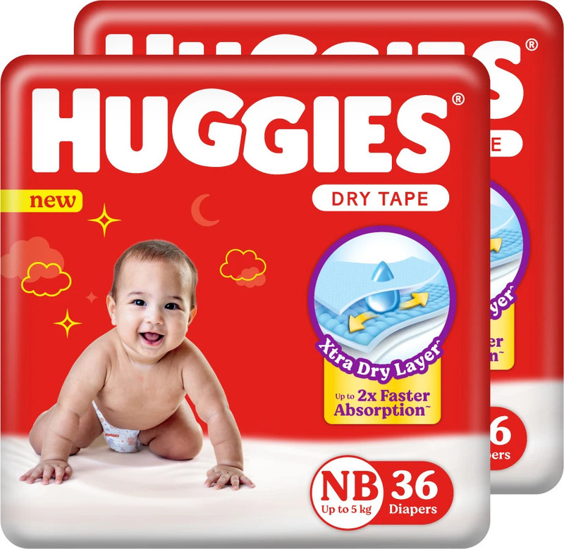 Huggies Dry Tape - Up to 2x Faster Absorption - Up to 12 Hours Overnight Absorption | Tape Diapers - New Born 72 Pieces