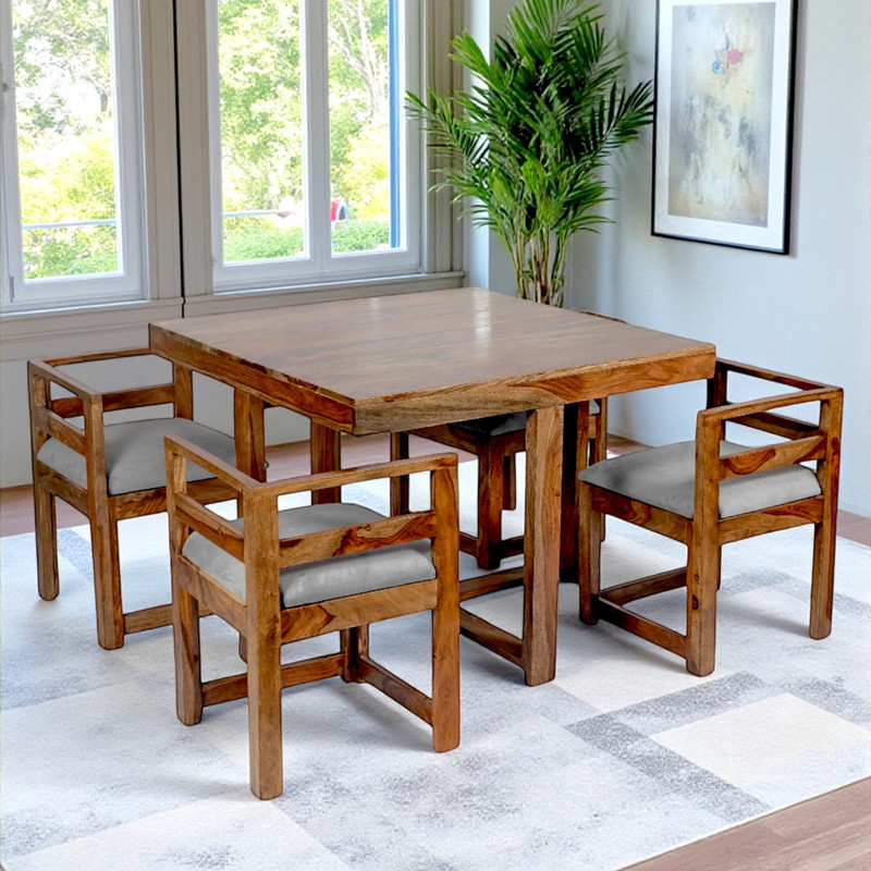 Ikiriya Kingston Sheesham ( Rosewood ) Solid Wood 4 Seater Dining Set Finish Color -Teak Finish & Grey Fabric, Pre-assembled