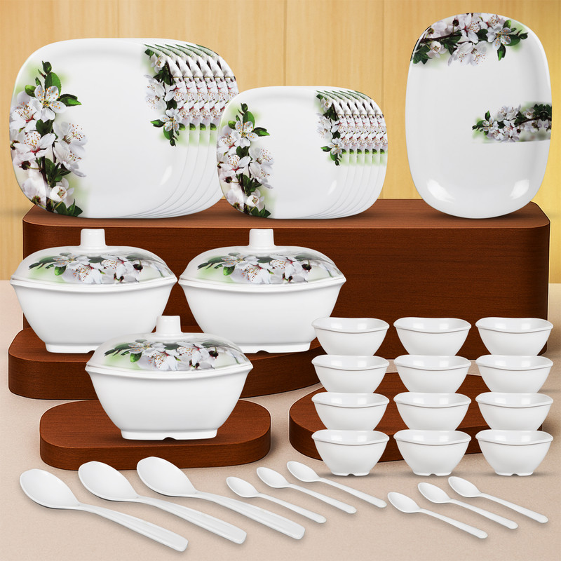Pack of 40 Melamin Emerald Bloom Melamine Dishwasher Safe|Stain Resistant Dinner Set (White, Green)