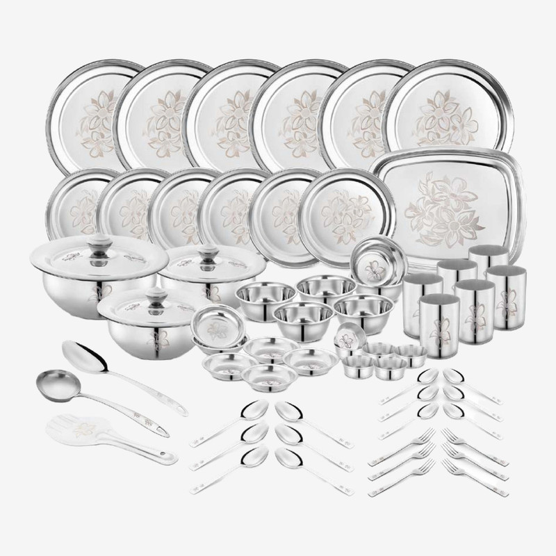 Classic Essentials Pack of 64 Stainless Steel Dinner Set|Serves 6 People|Heavy Gauge|Kitchen Set|Permanent Laser-Glory Dinner Set Steel