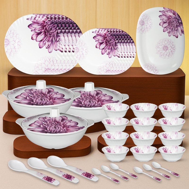 Sigri-wala Pack of 40 Melamin Dinner Set White, Purple