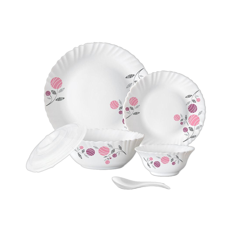 Larah by Borosil Pack of 34 Opalware Galaxy Dahlia Crockey Gifting, Plate &amp; Bowl Dinner Set