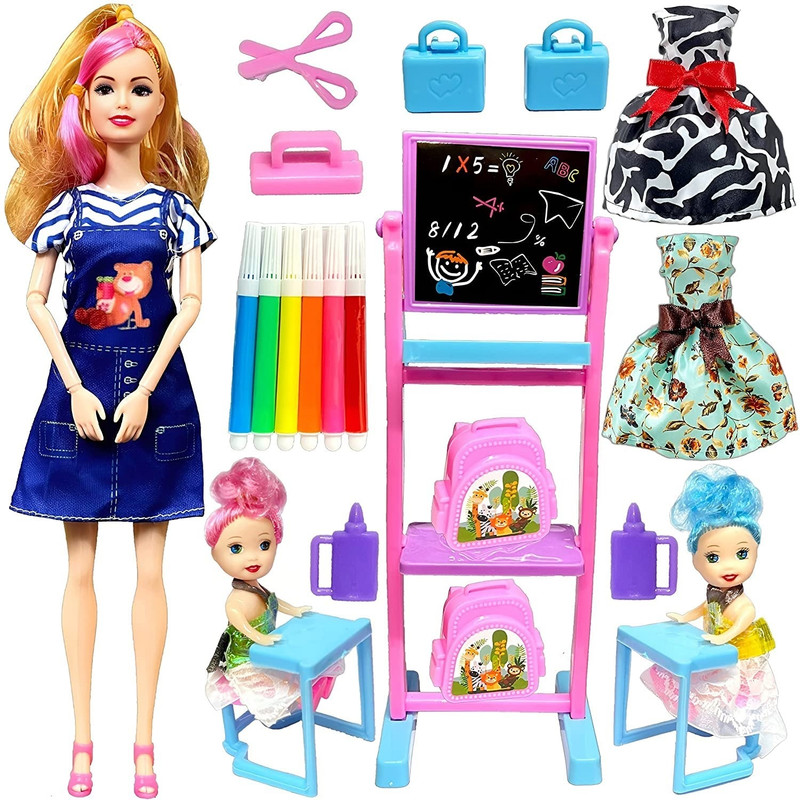 Super Toy Folding Hands Teacher Doll Play Set with 2 Baby Dolls Toy for Kids Girls Multicolor